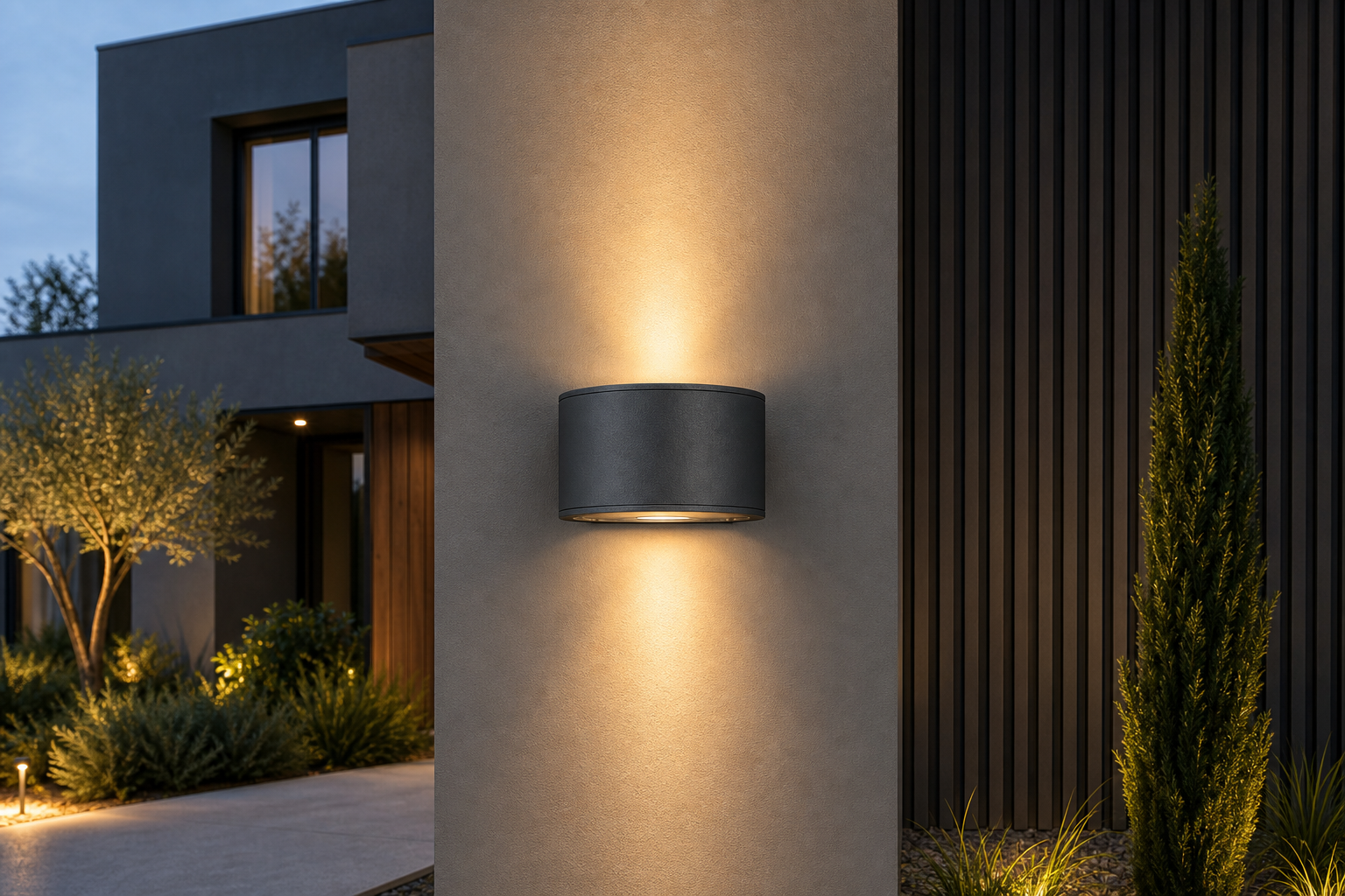 Applique extérieure anthracite : luminaire extérieur allumé au crépuscule, ambiance premium signée Maison Lampara Image