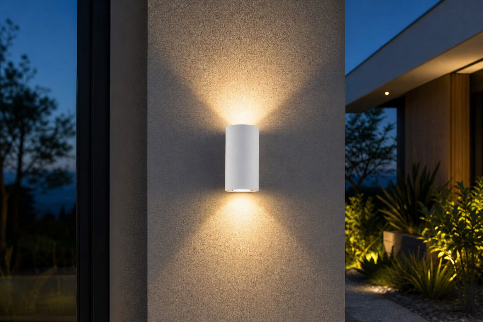 Applique extérieure blanche : luminaire extérieur allumé au crépuscule, ambiance premium signée Maison Lampara Image
