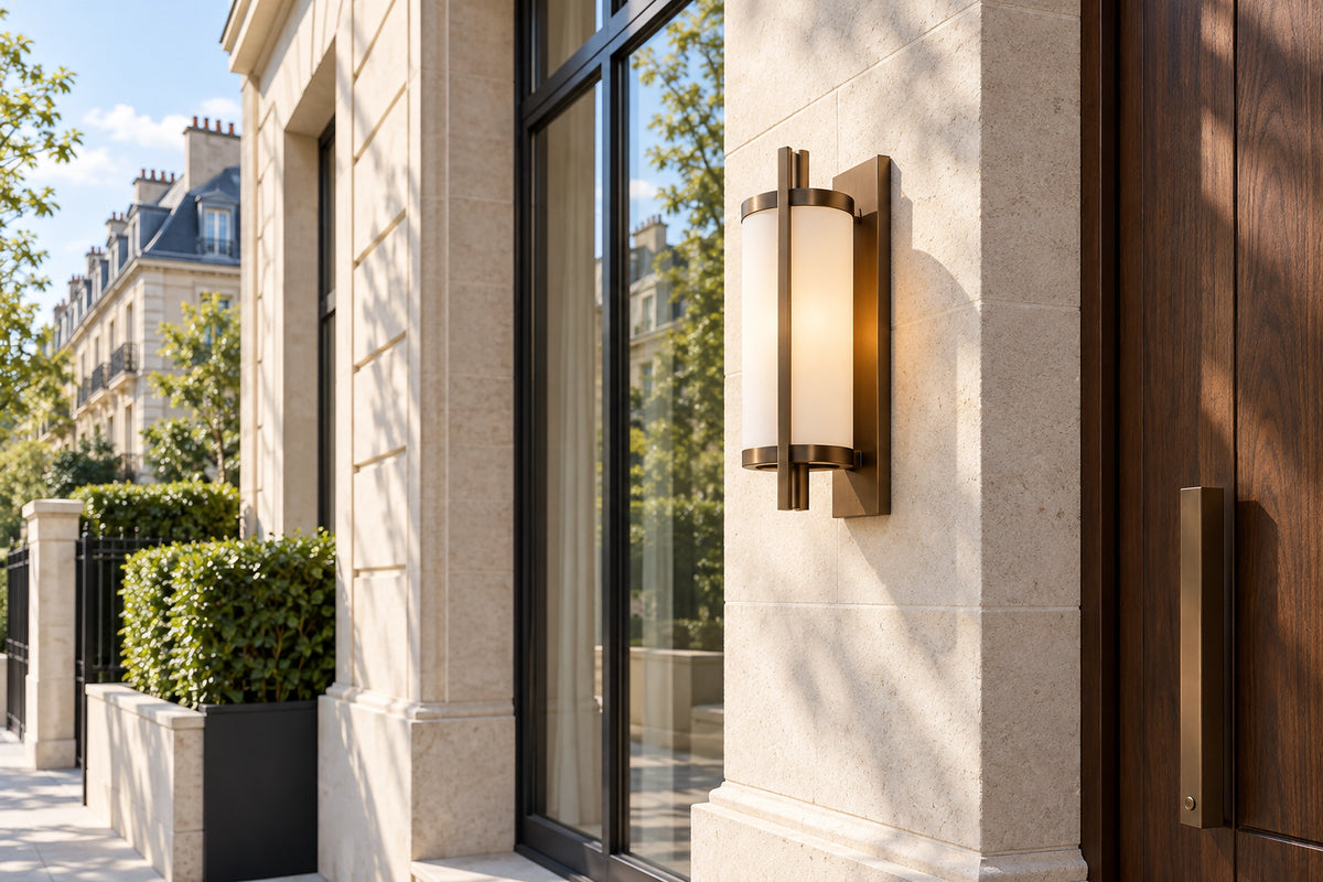 Applique extérieure design sur une façade en pierre claire, sous une lumière naturelle