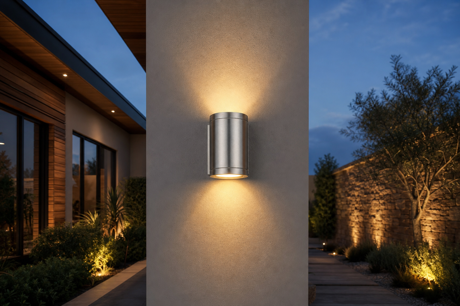 Applique extérieure inox : luminaire extérieur allumé au crépuscule, ambiance premium signée Maison Lampara Image