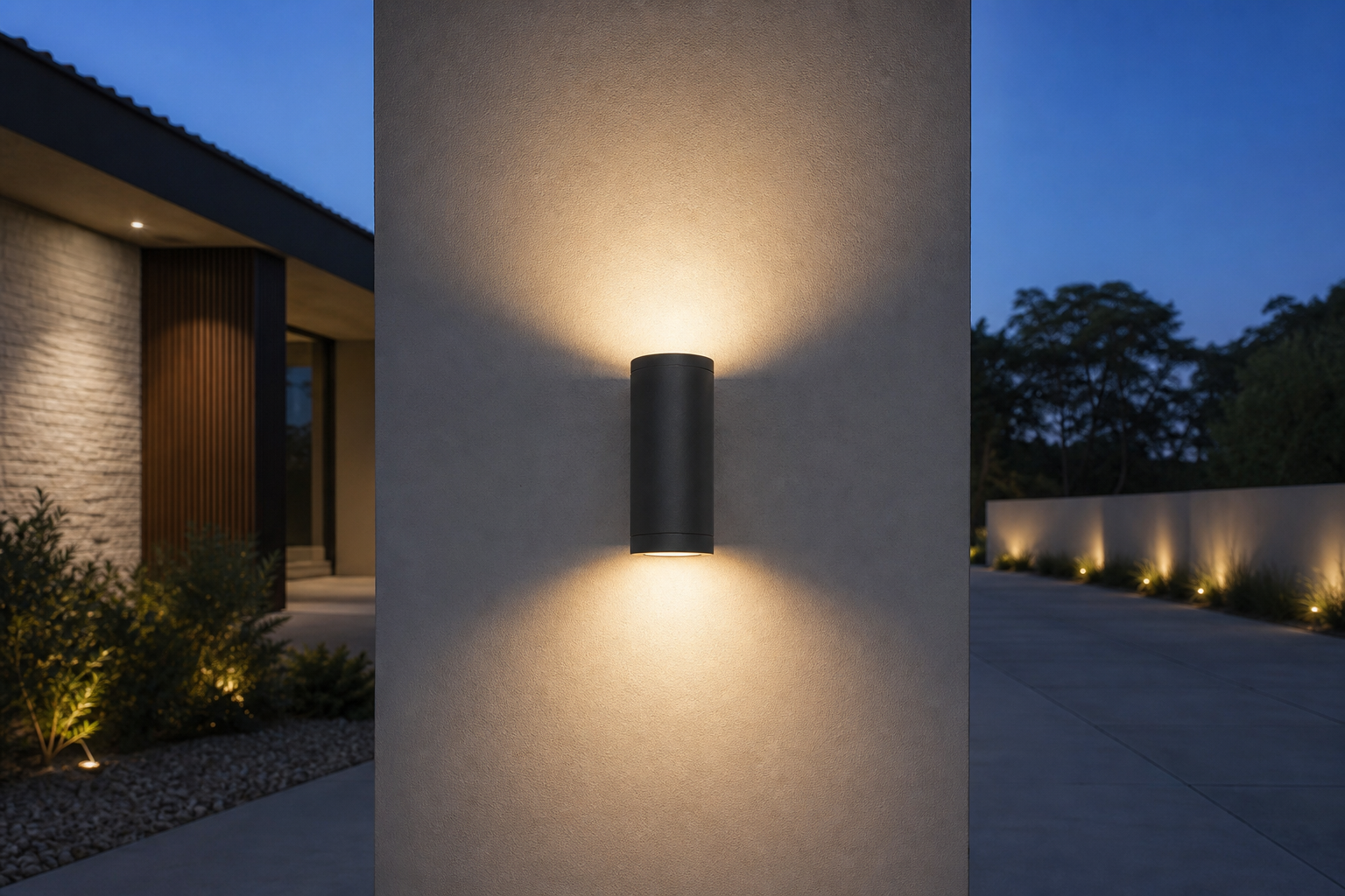Applique extérieure moderne : luminaire extérieur allumé au crépuscule, ambiance premium signée Maison Lampara Image