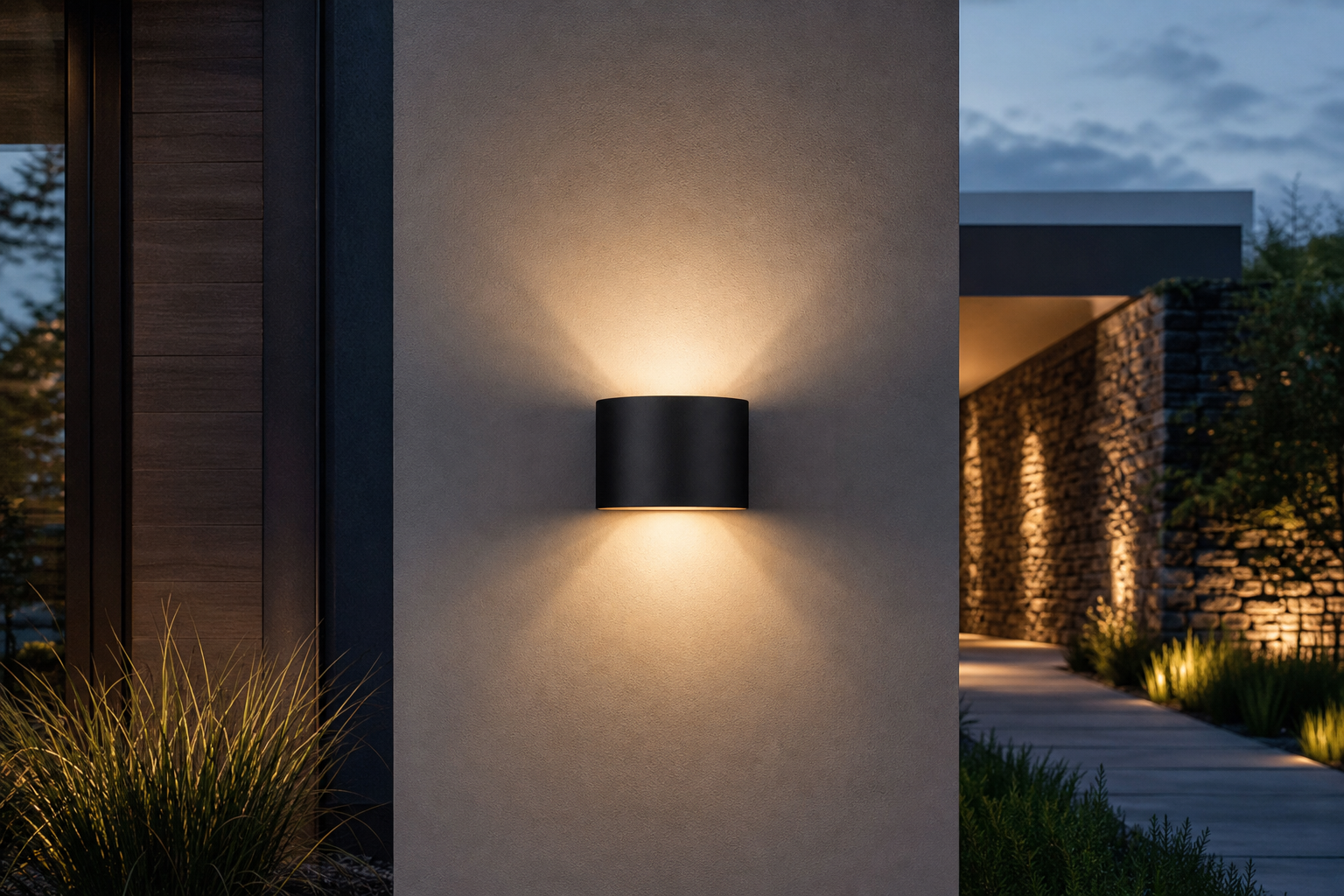 Applique extérieure noire : luminaire extérieur allumé au crépuscule, ambiance premium signée Maison Lampara Image
