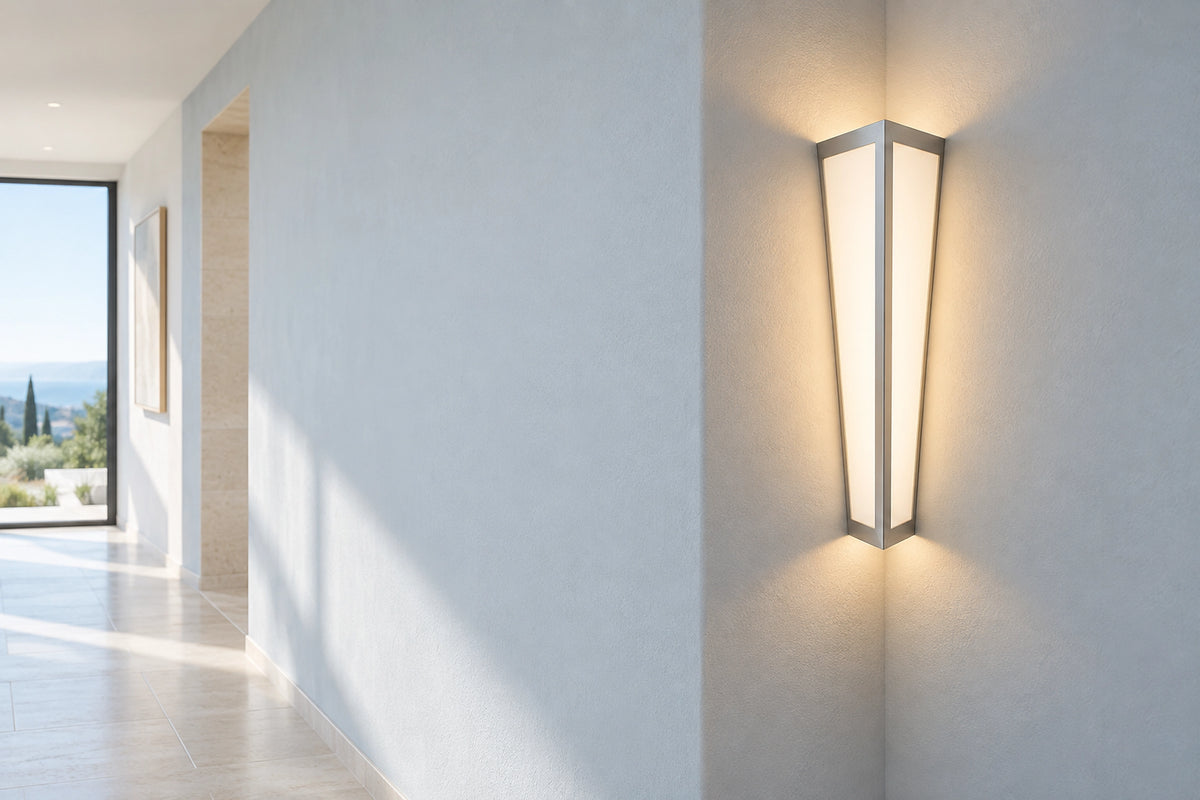 Applique murale d'angle dans un intérieur lumineux, sous une lumière naturelle