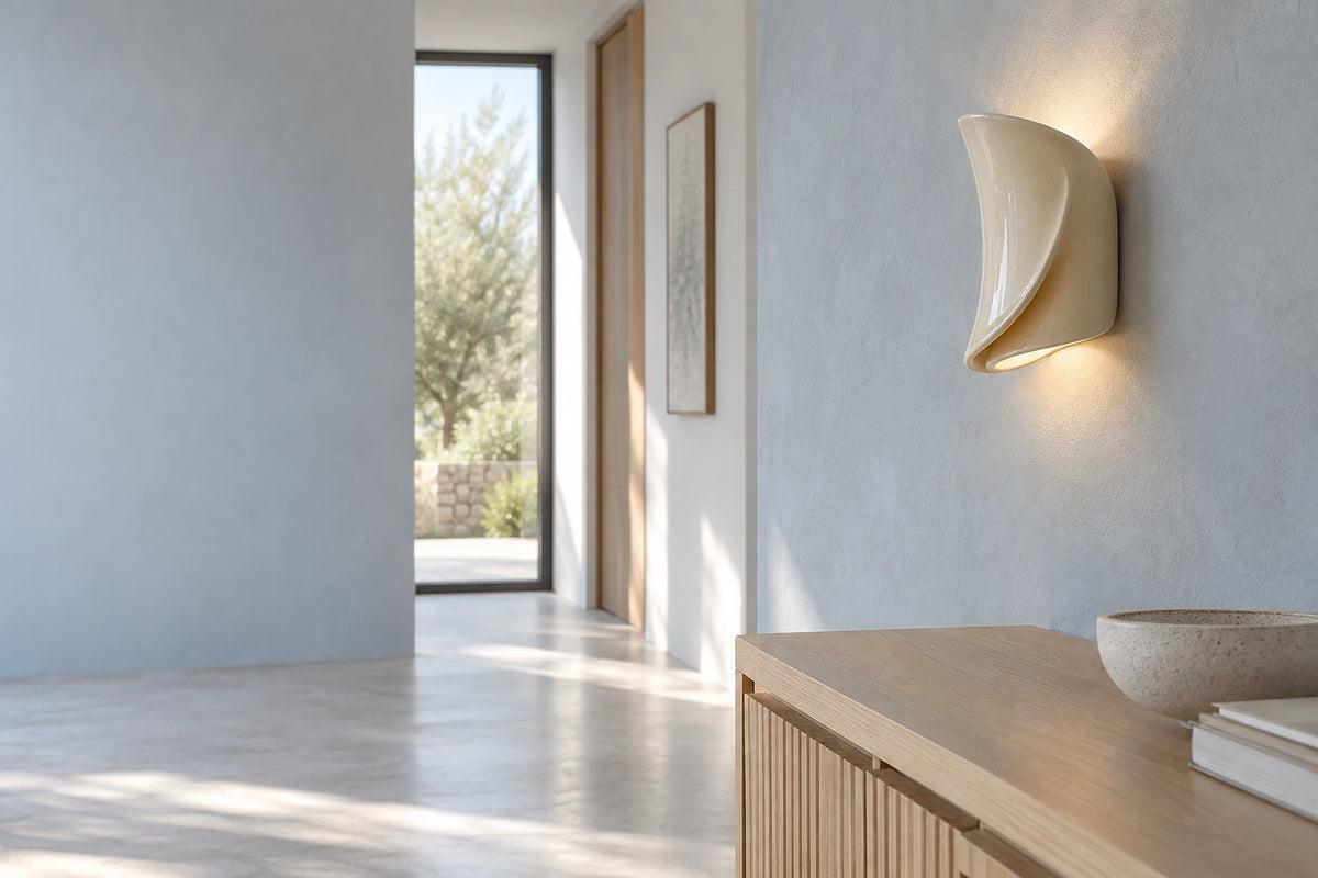 Applique murale beige dans un intérieur lumineux, sous une lumière naturelle