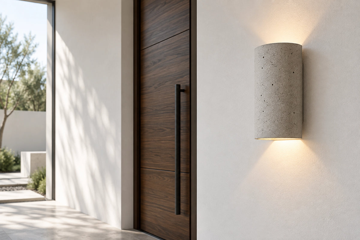 Applique murale béton dans un intérieur lumineux, sous une lumière naturelle