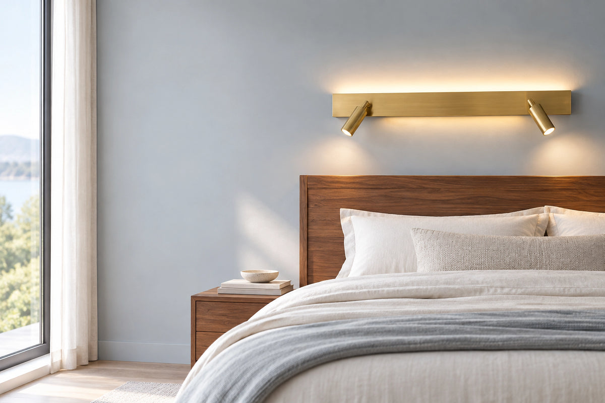 Applique murale chambre parentale dans une chambre lumineuse, sous une lumière naturelle