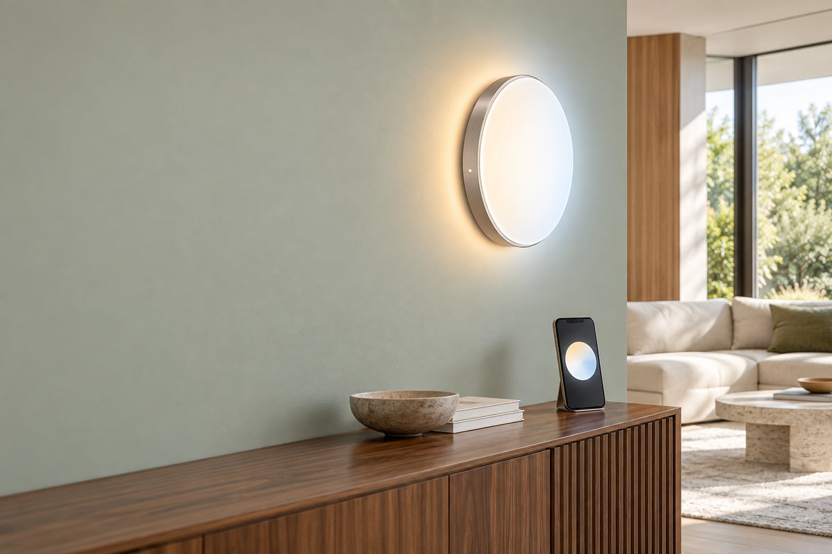 Applique murale connectée dans un intérieur lumineux, sous une lumière naturelle