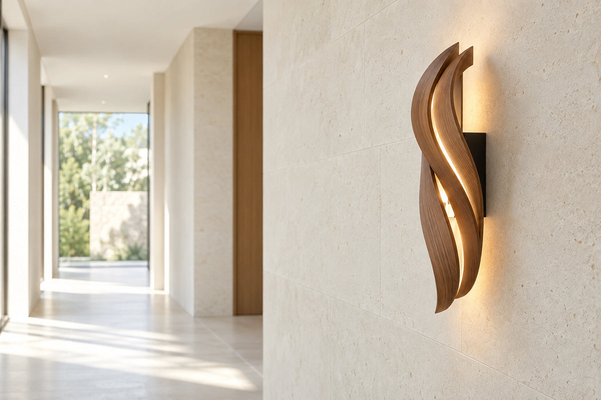 Applique murale design bois dans un intérieur lumineux, sous une lumière naturelle