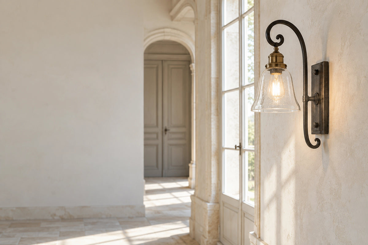 Applique murale fer forgé vintage dans un intérieur lumineux, sous une lumière naturelle