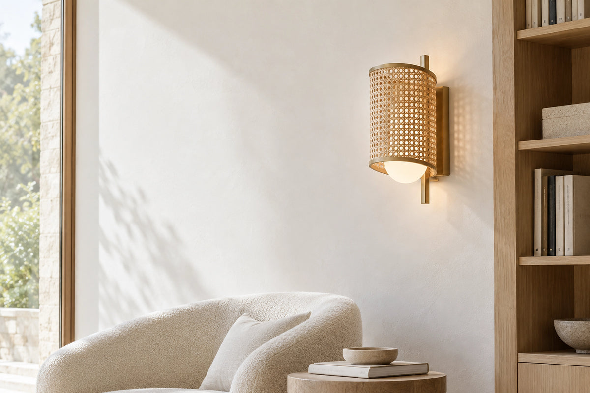 Applique murale fibre naturelle dans un intérieur lumineux, sous une lumière naturelle