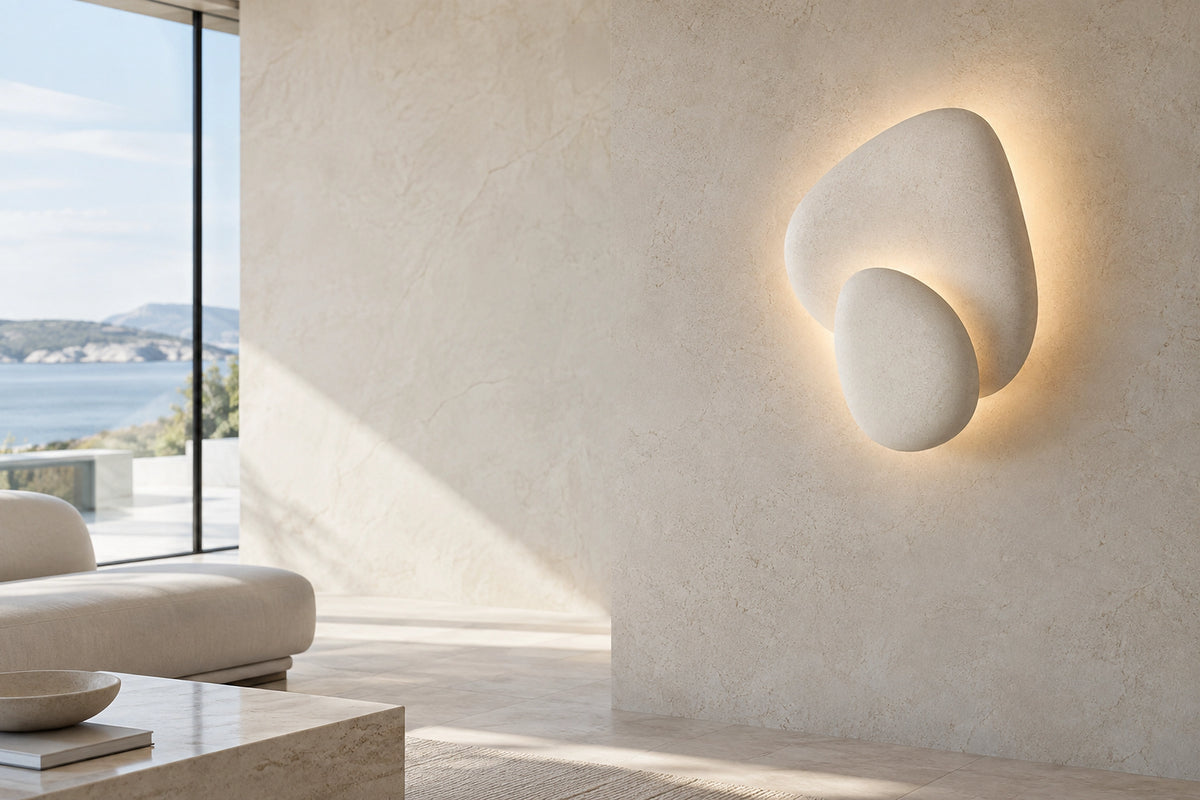 Applique murale galet dans un intérieur lumineux, sous une lumière naturelle