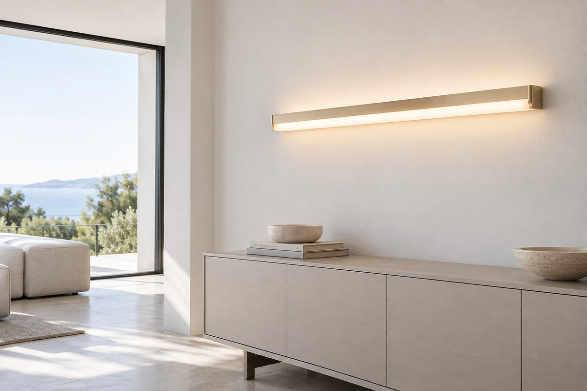 Applique murale horizontale dans un intérieur lumineux, sous une lumière naturelle