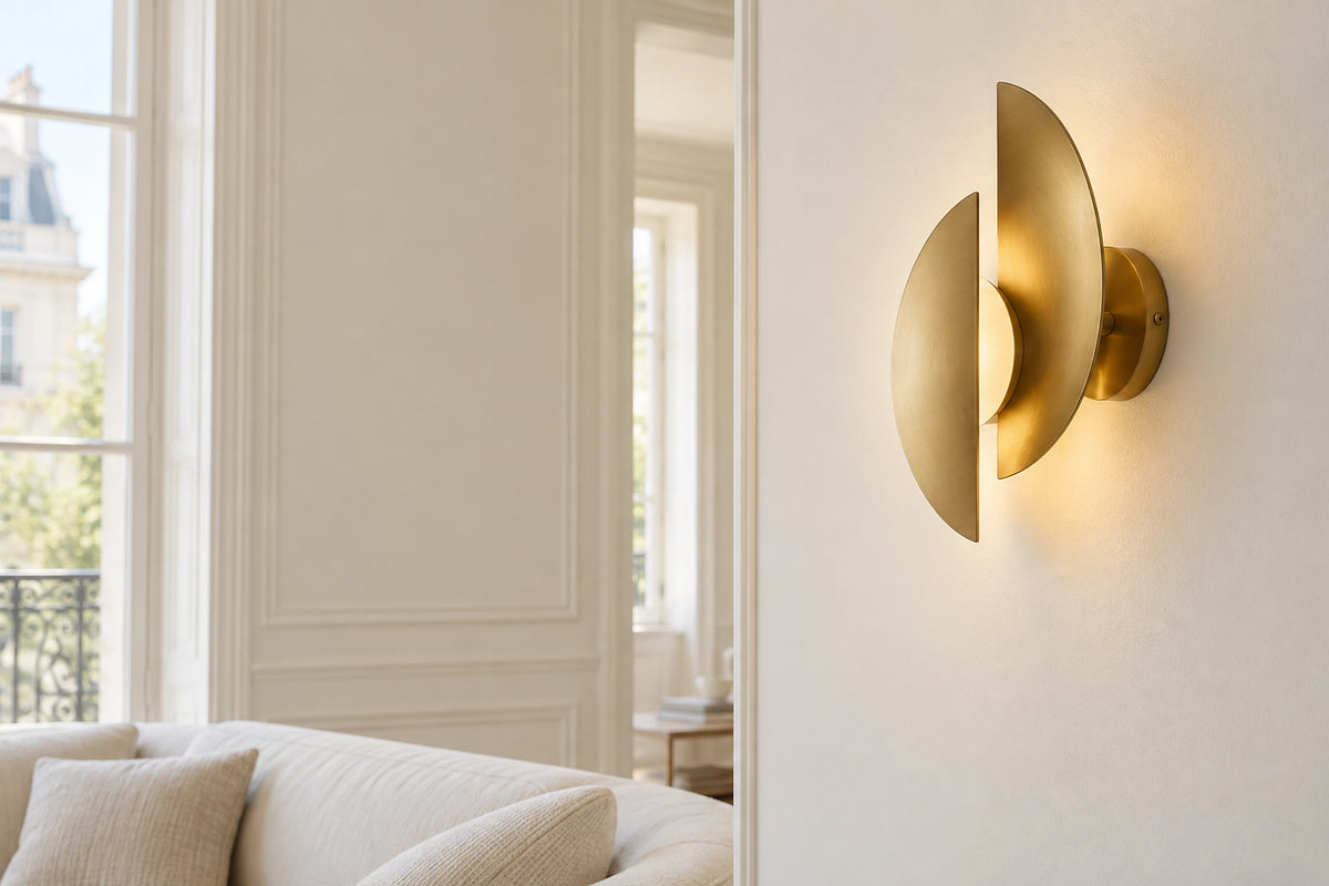 Applique murale laiton doré dans un intérieur lumineux, sous une lumière naturelle