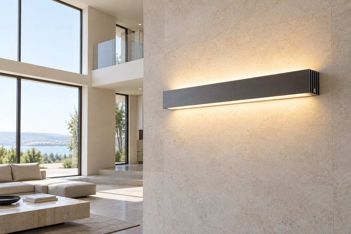 Applique murale LED puissante dans un intérieur lumineux, sous une lumière naturelle
