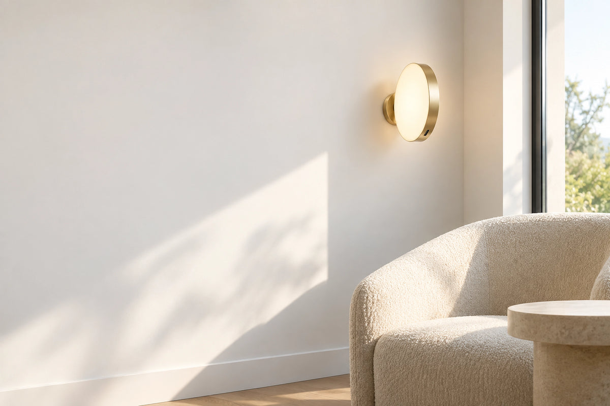 Applique murale LED rechargeable dans un intérieur lumineux, sous une lumière naturelle