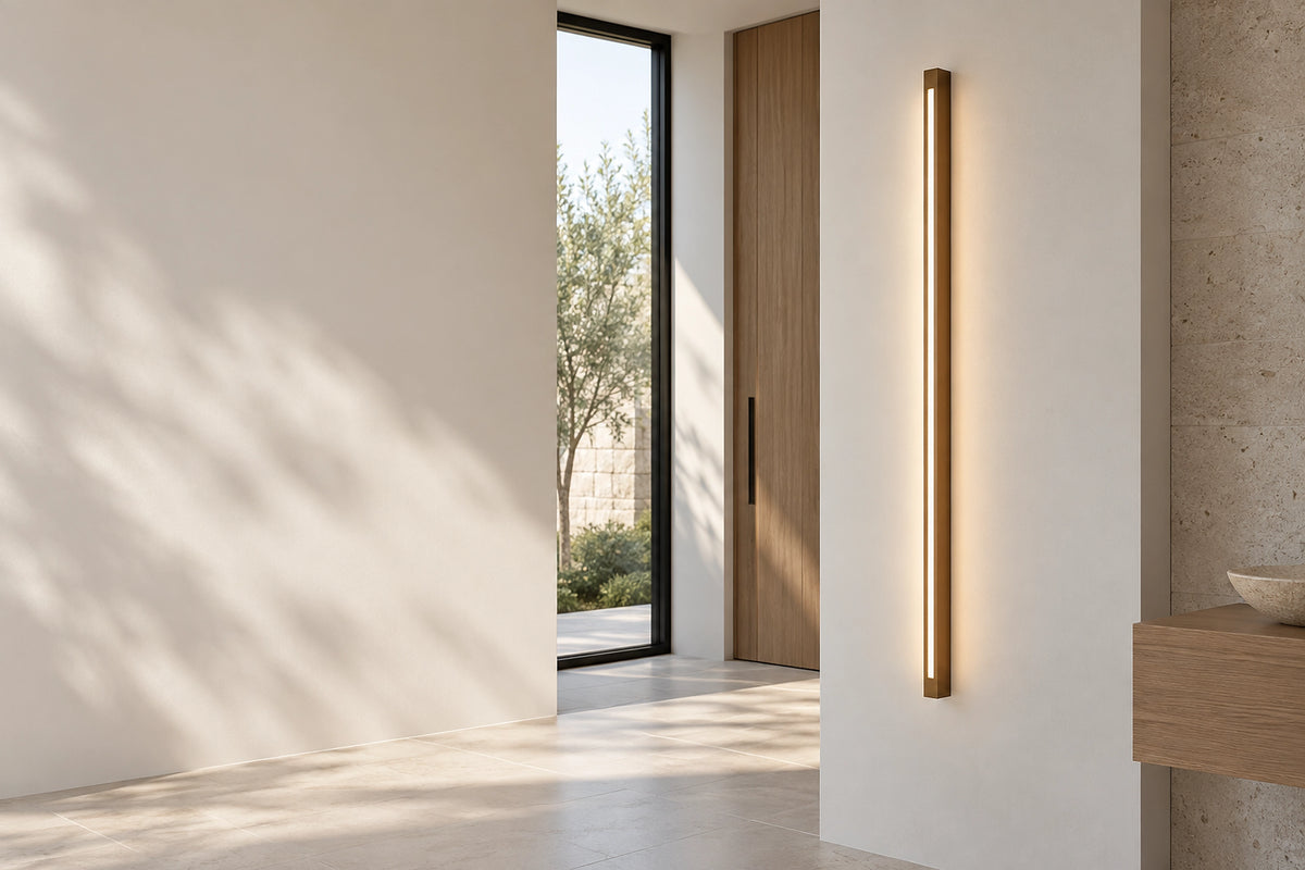 Applique murale linéaire dans un intérieur lumineux, sous une lumière naturelle