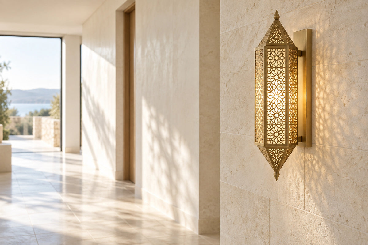 Applique murale marocaine laiton dans un intérieur lumineux, sous une lumière naturelle