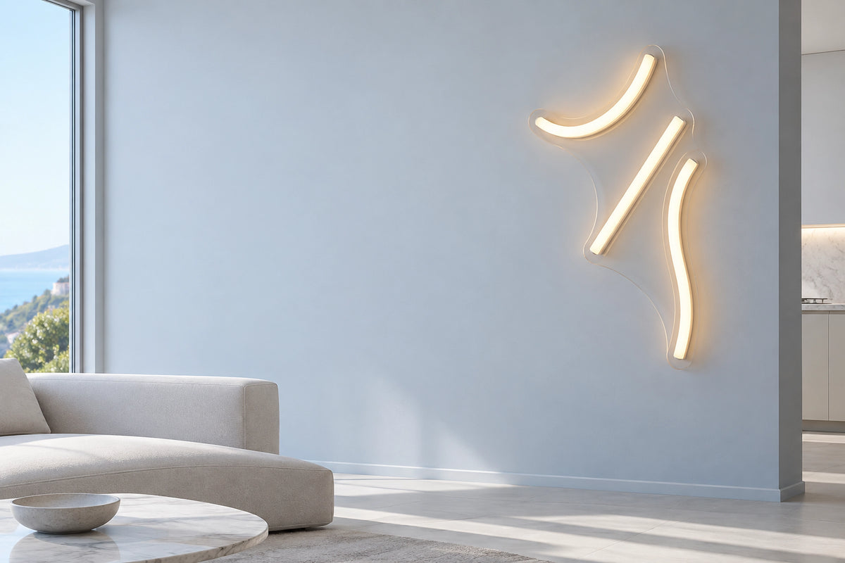 Applique murale néon dans un intérieur lumineux, sous une lumière naturelle