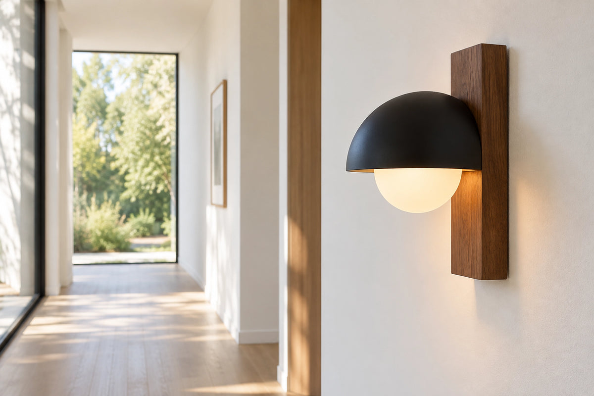 Applique murale noir et bois dans un intérieur lumineux, sous une lumière naturelle