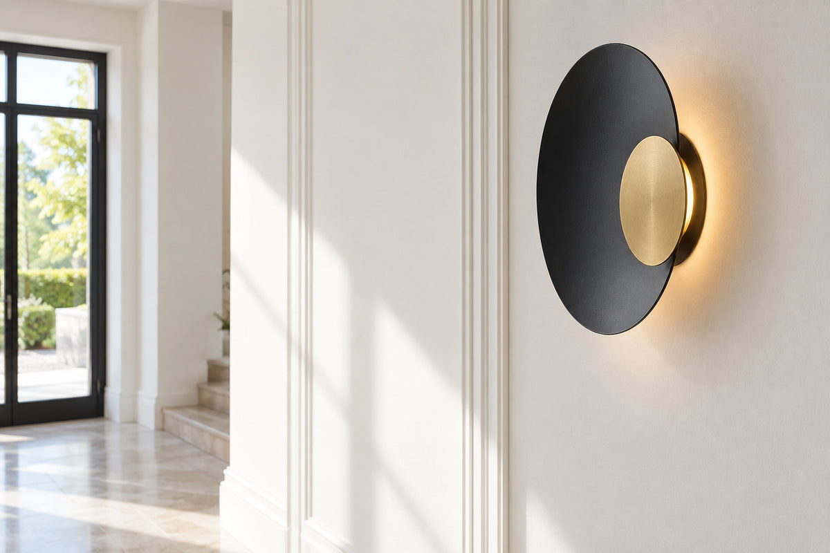 Applique murale noir et or dans un intérieur lumineux, sous une lumière naturelle