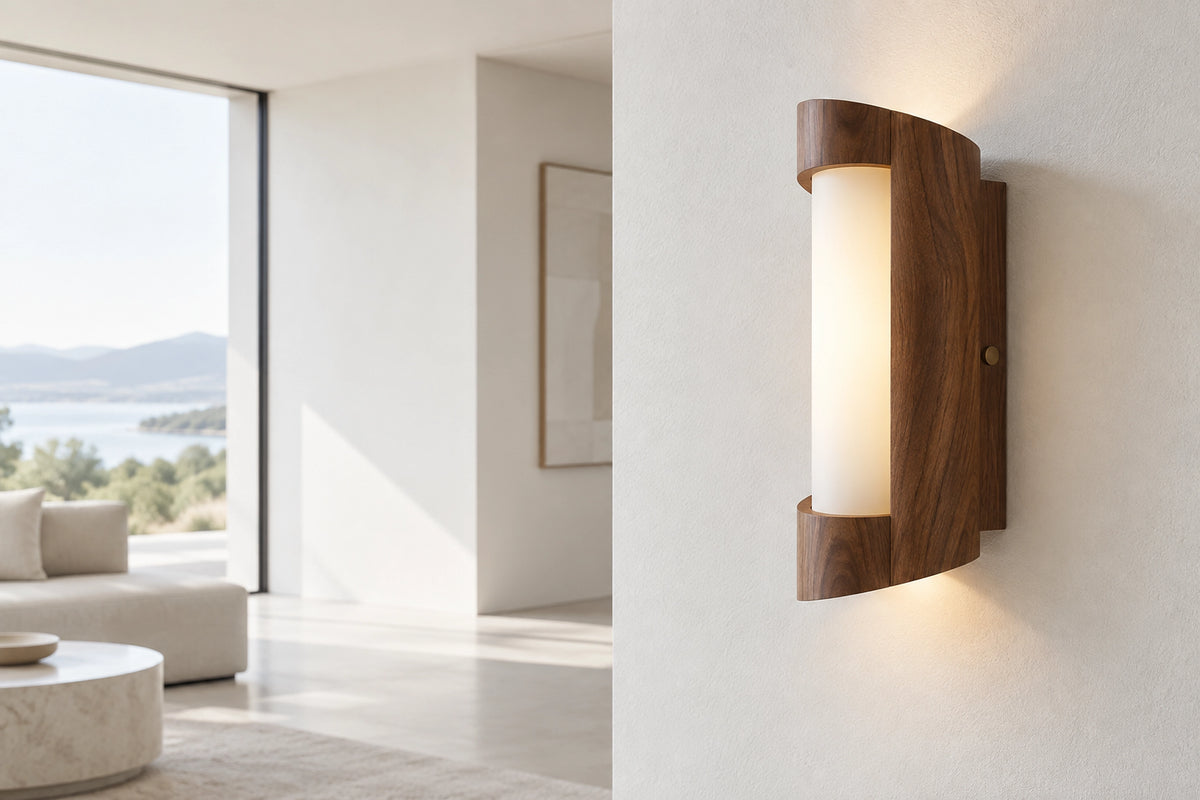 Applique murale noyer dans un intérieur lumineux, sous une lumière naturelle