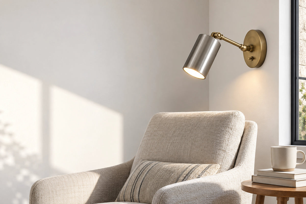 Applique murale orientable dans un intérieur lumineux, sous une lumière naturelle