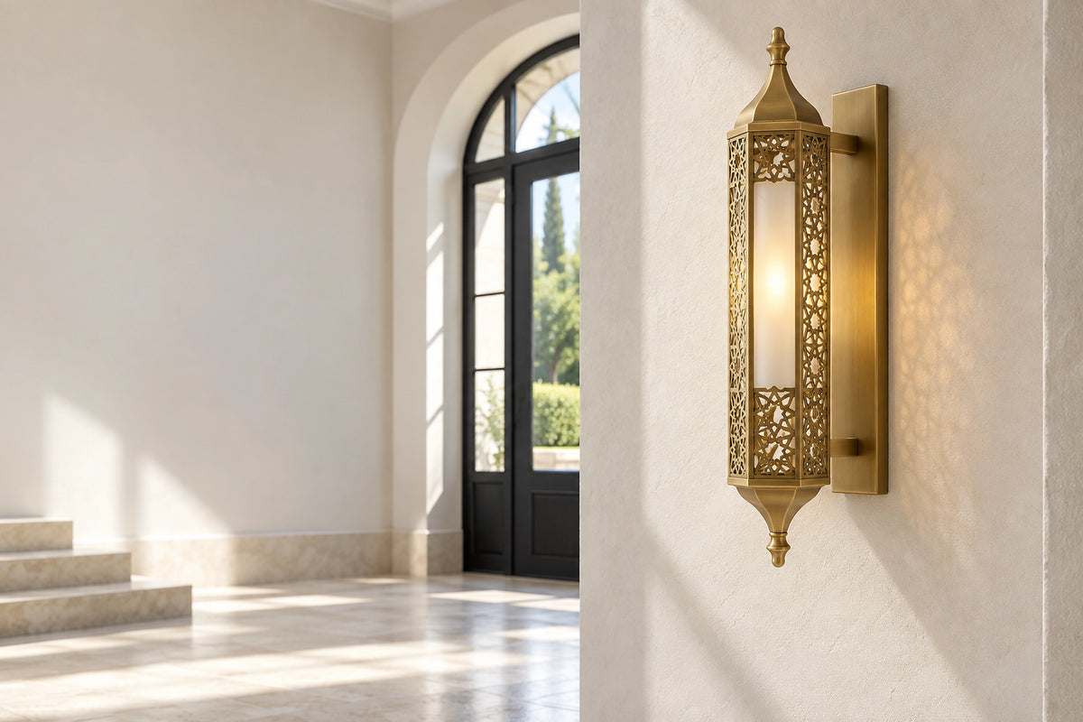 Applique murale orientale laiton dans un intérieur lumineux, sous une lumière naturelle