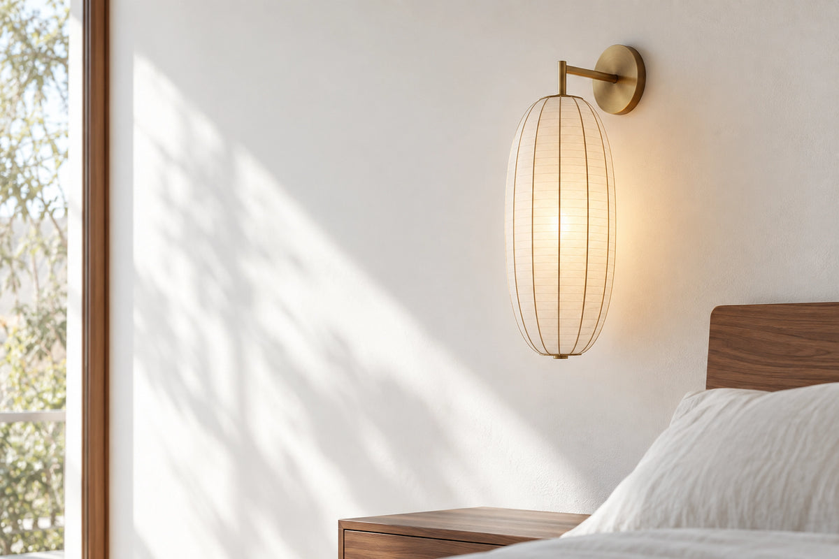 Applique murale papier de riz dans un intérieur lumineux, sous une lumière naturelle