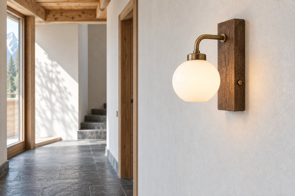 Applique murale rustique bois dans un intérieur lumineux, sous une lumière naturelle