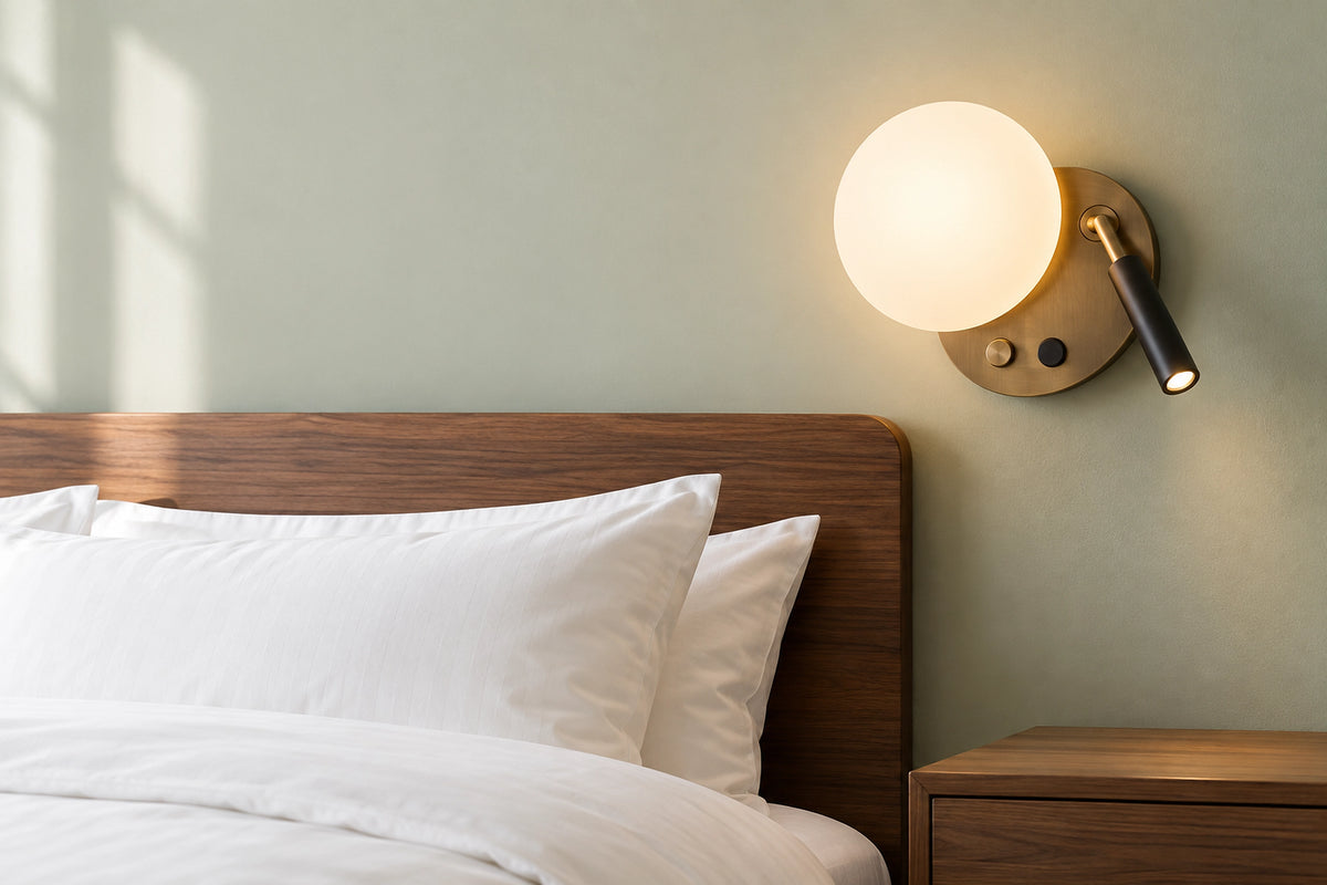 Applique murale tête de lit dans un intérieur lumineux, sous une lumière naturelle