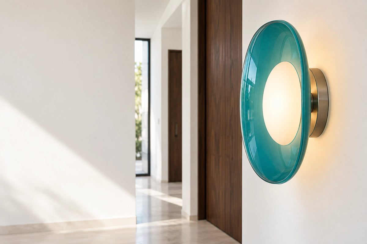 Applique murale turquoise dans un intérieur lumineux, sous une lumière naturelle