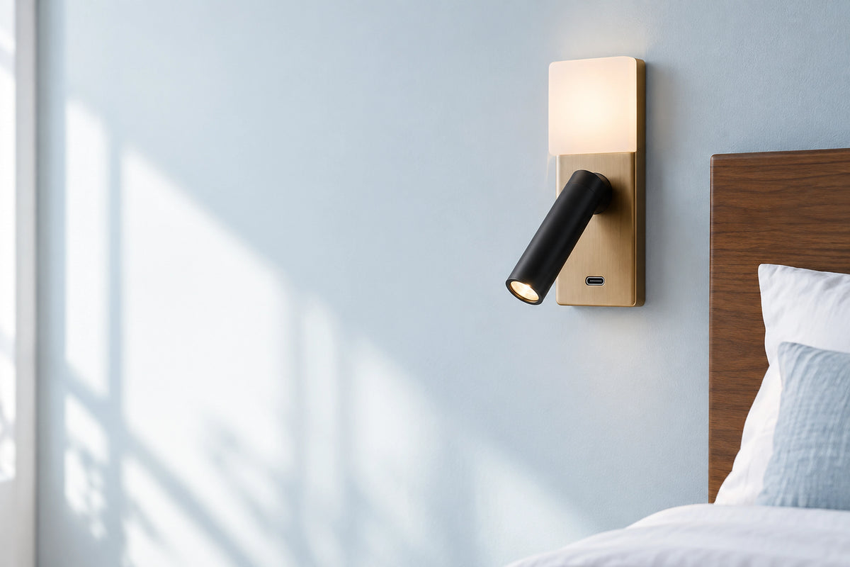 Applique murale USB dans un intérieur lumineux, sous une lumière naturelle