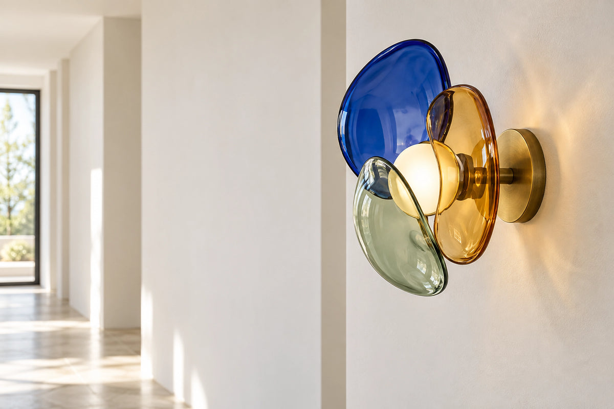 Applique murale verre coloré dans un intérieur lumineux, sous une lumière naturelle