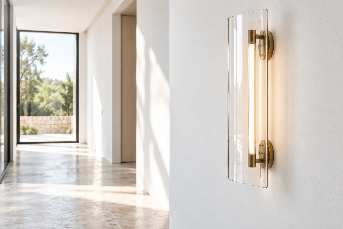 Applique murale verre transparent dans un intérieur lumineux, sous une lumière naturelle