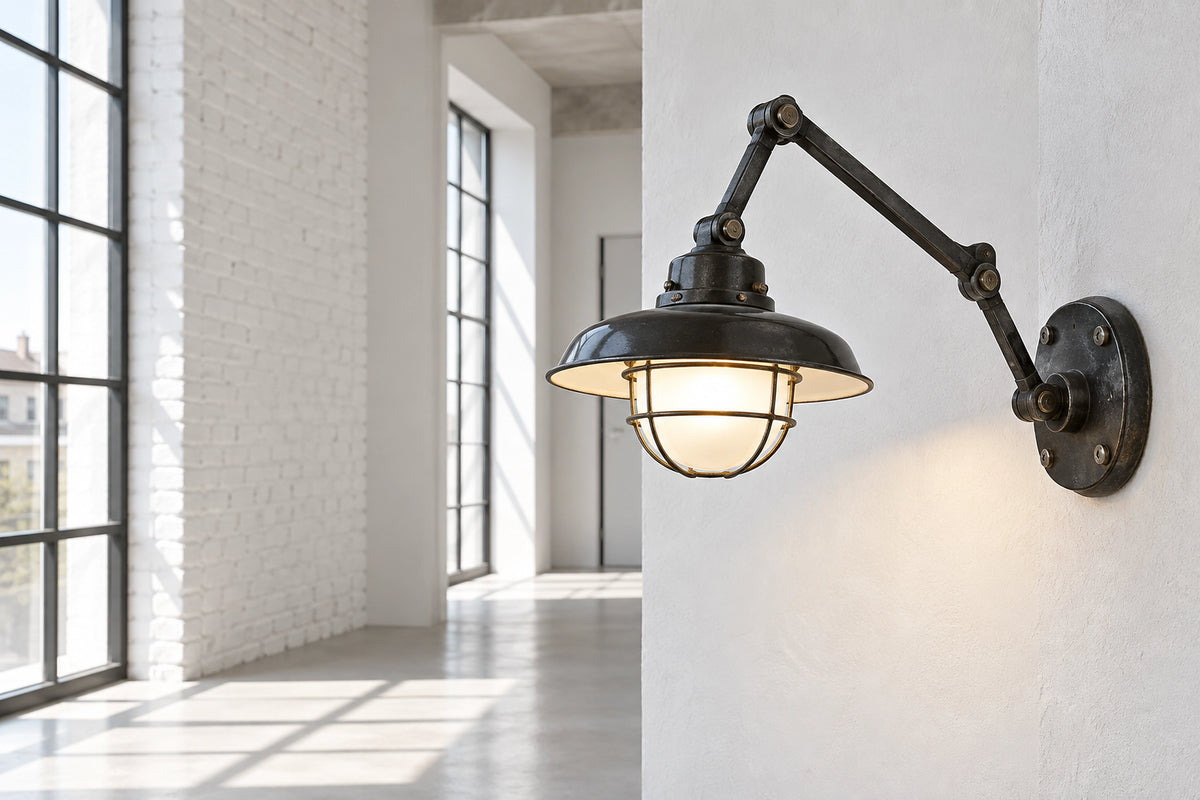 Applique murale vintage industrielle dans un intérieur lumineux, sous une lumière naturelle