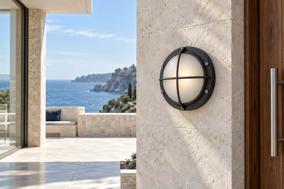 Hublot extérieur rond noir sur un mur en pierre claire, en lumière naturelle