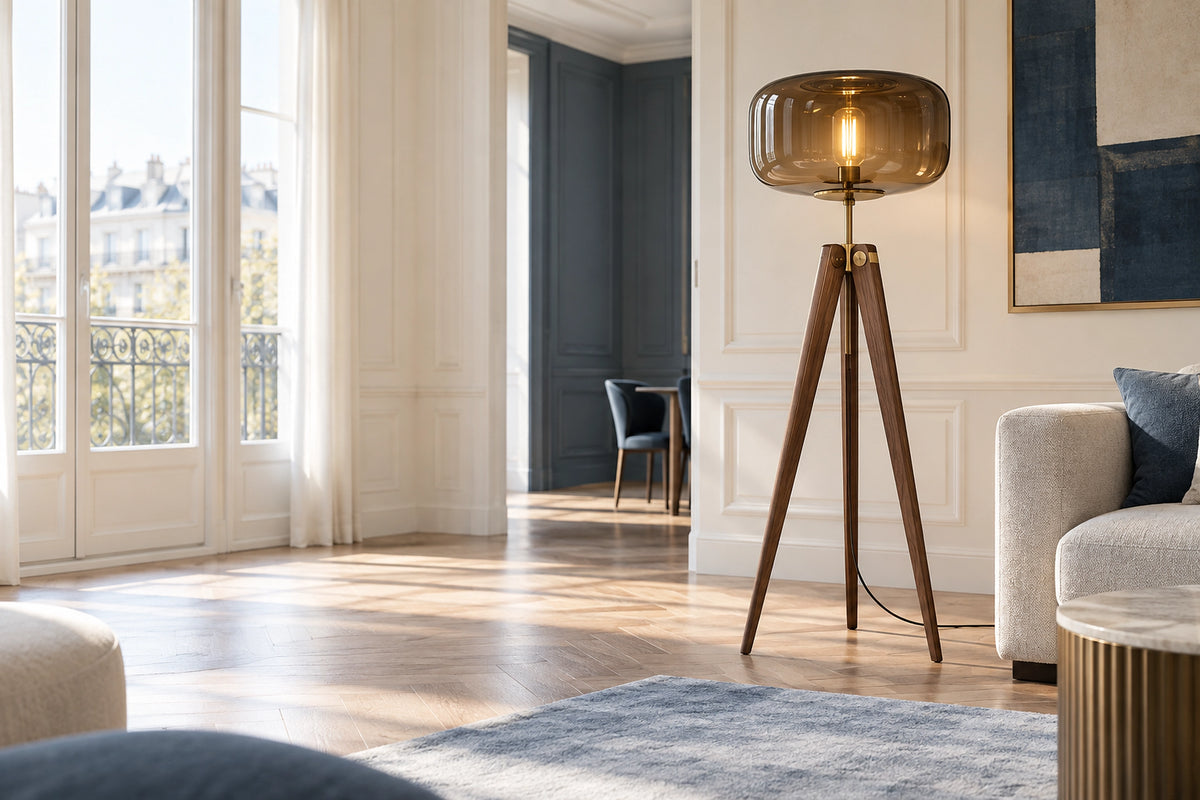 Lampadaire salon bois dans un salon lumineux, sous une lumière naturelle