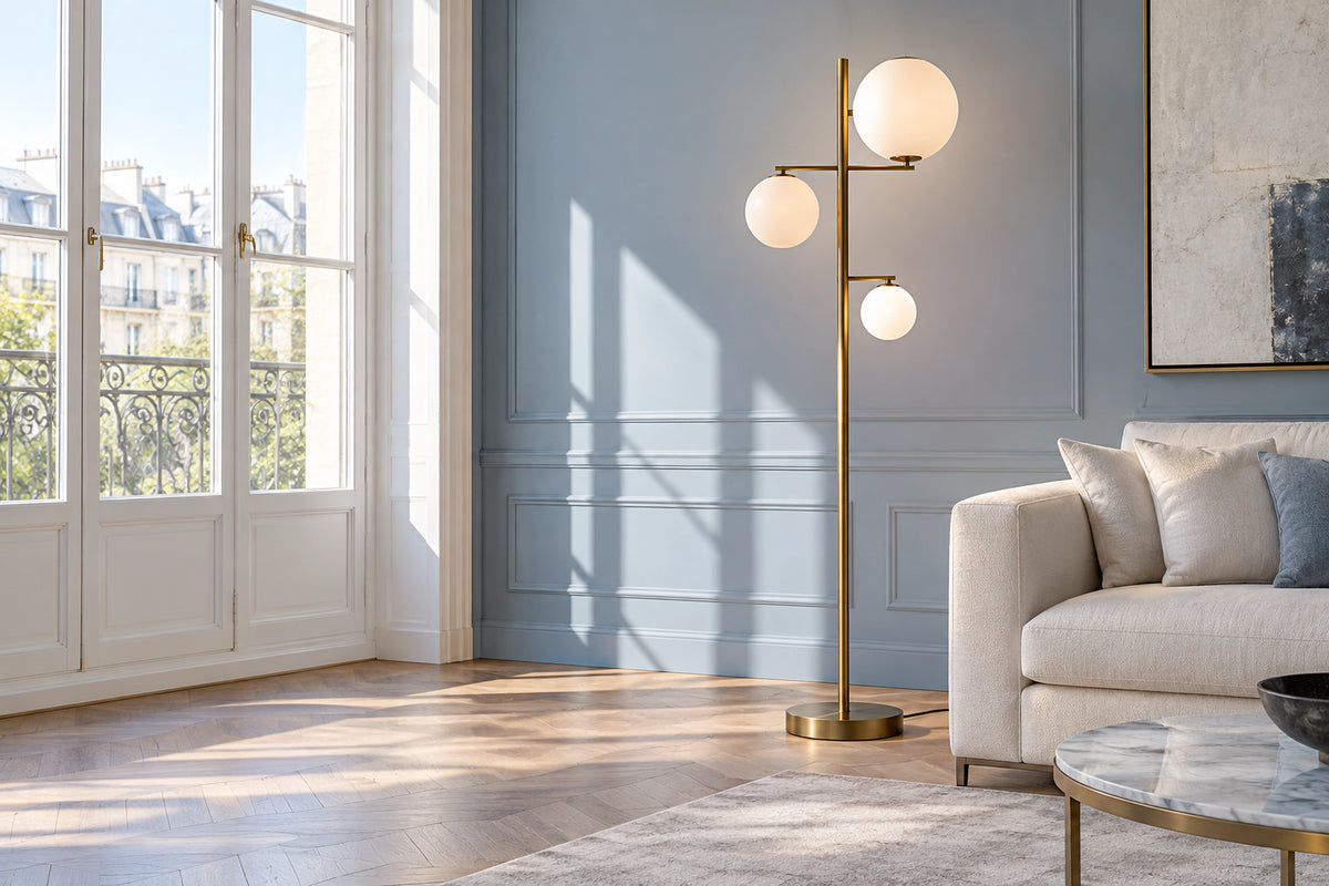 Lampadaire salon dans un salon lumineux, sous une lumière naturelle