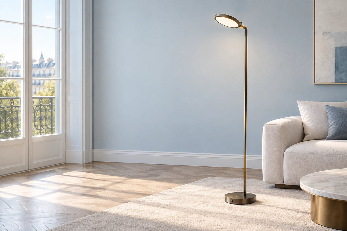 Lampadaire sans fil dans un intérieur lumineux, sous une lumière naturelle