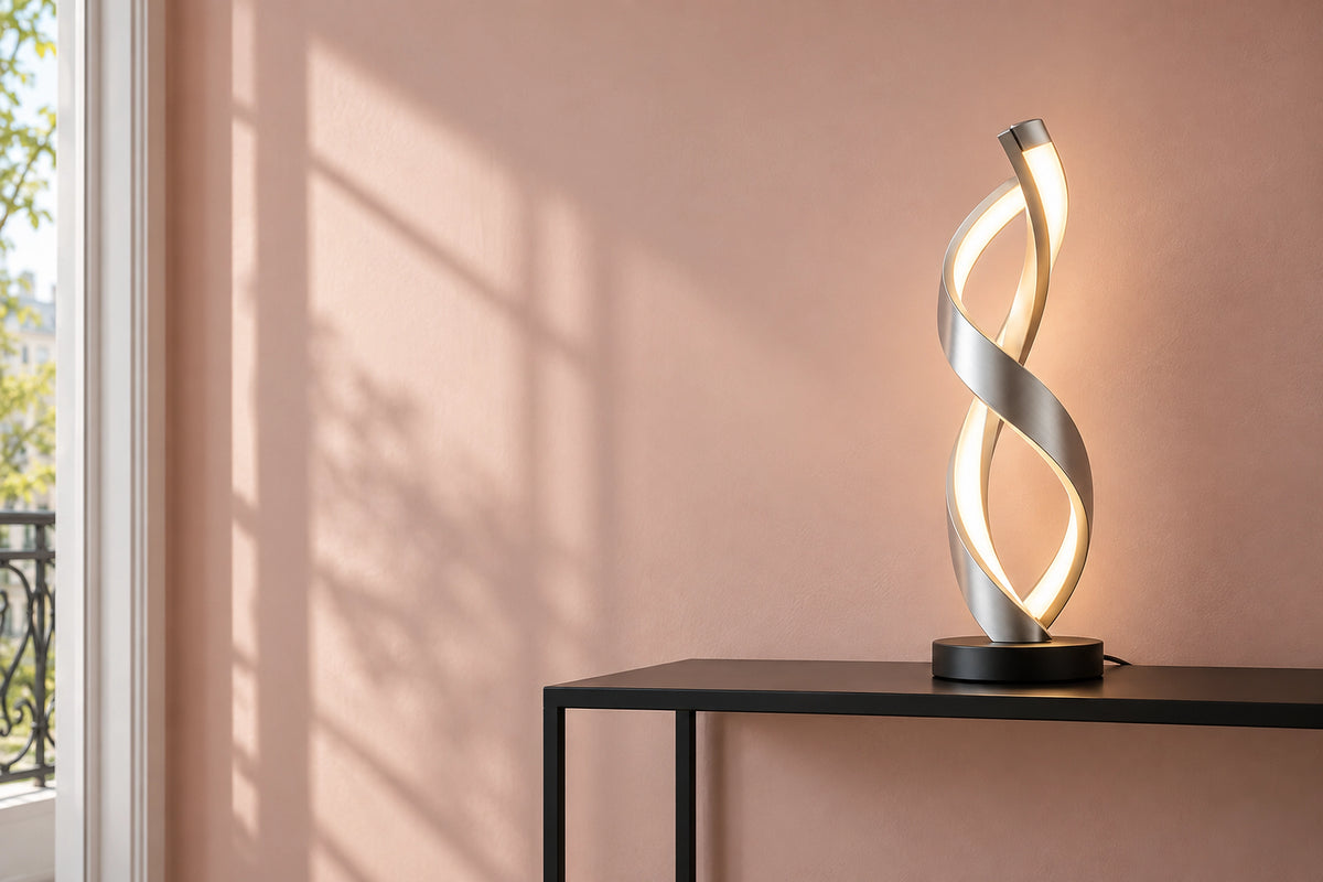 Lampe à poser design dans un intérieur lumineux, sous une lumière naturelle