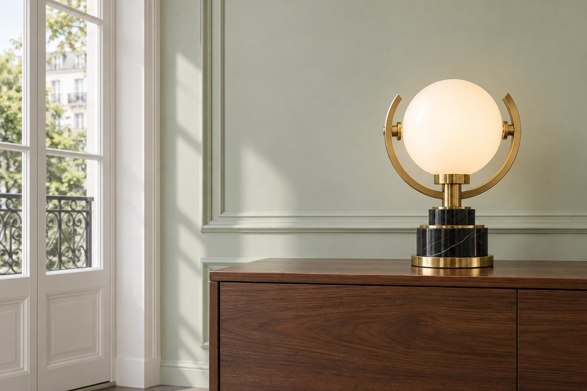 Lampe art déco dans un intérieur lumineux, sous une lumière naturelle