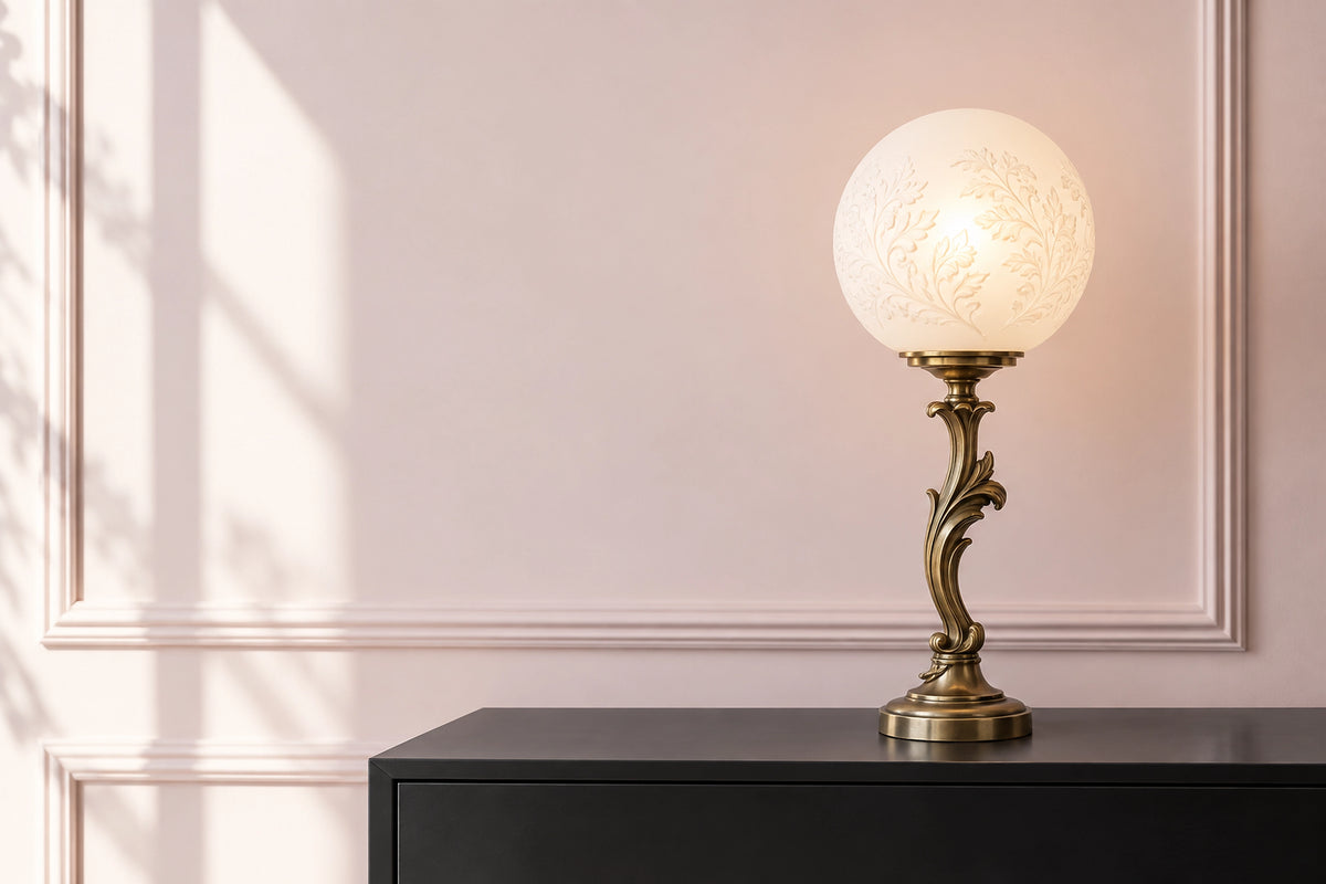 Lampe baroque dans un intérieur lumineux, sous une lumière naturelle