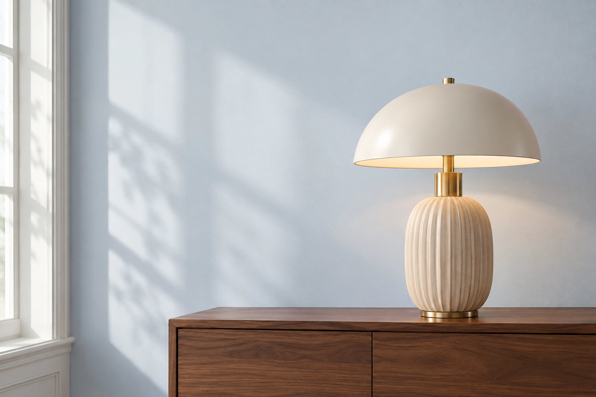 Lampe beige dans un intérieur lumineux, sous une lumière naturelle