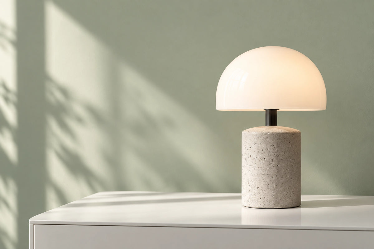 Lampe béton dans un intérieur lumineux, sous une lumière naturelle