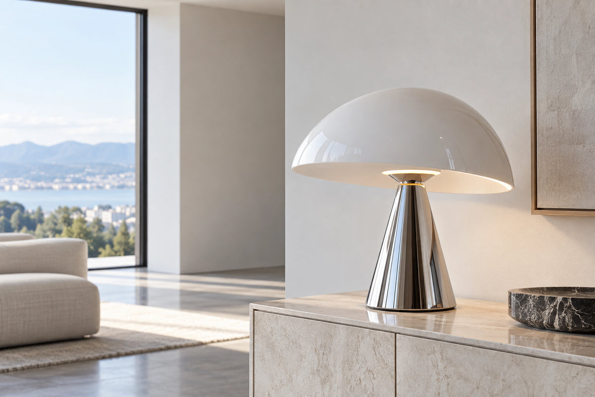 Lampe champignon design dans un intérieur lumineux, sous une lumière naturelle