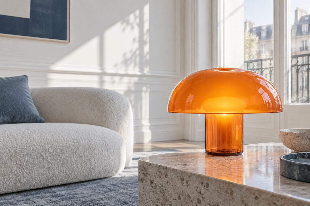 Lampe champignon orange dans un intérieur lumineux, sous une lumière naturelle