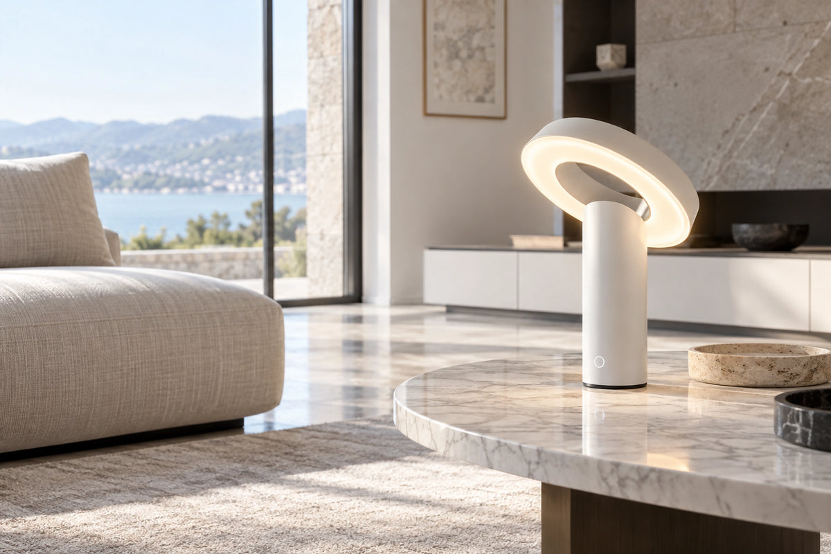 Lampe connectée dans un intérieur lumineux, sous une lumière naturelle