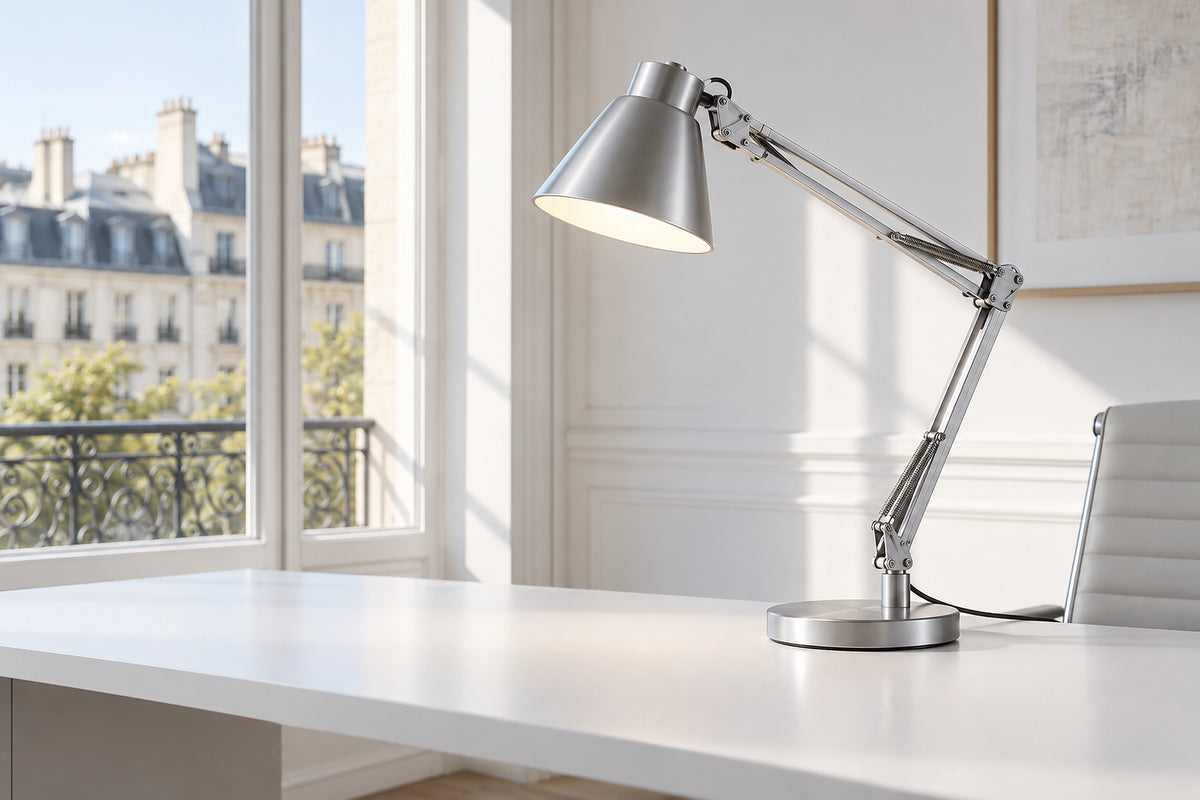 Lampe de bureau articulée dans un bureau lumineux, sous une lumière naturelle