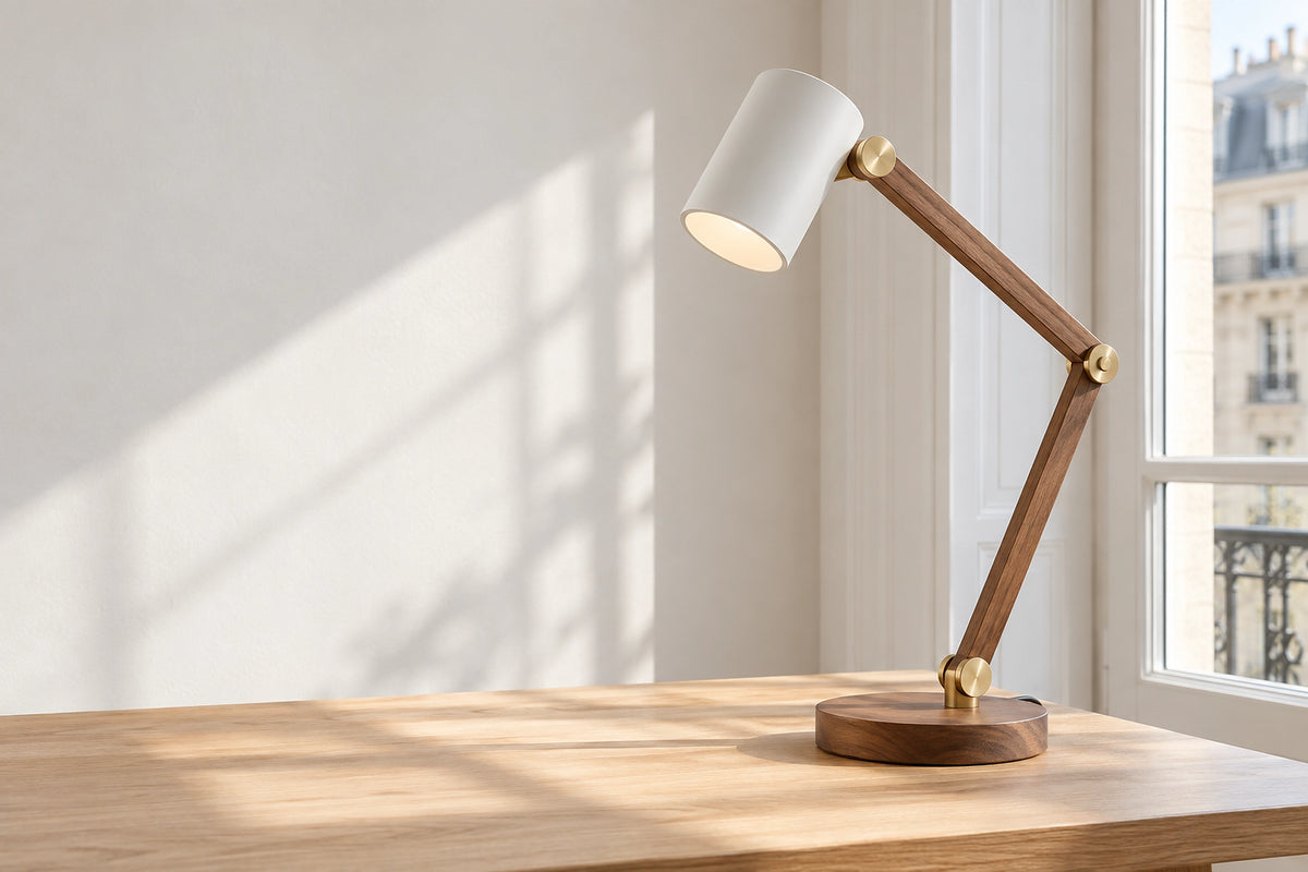 Lampe de bureau bois dans un bureau lumineux, sous une lumière naturelle