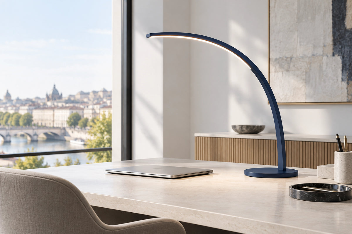 Lampe de bureau design dans un bureau lumineux, sous une lumière naturelle